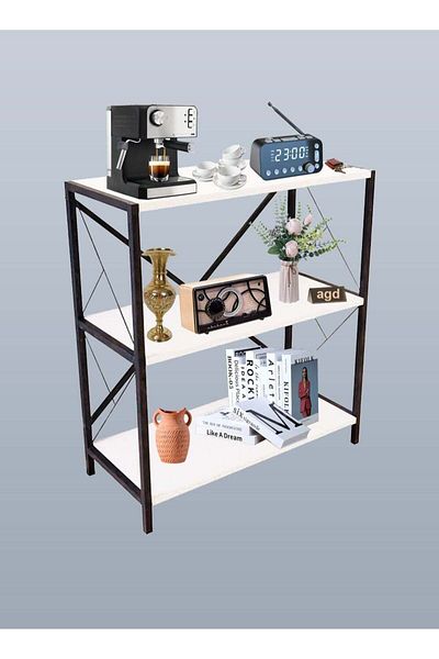 AGD Coffee Corner, Side Table, 3 Multi-Purpose Shelves for Display and Organization - White/Black