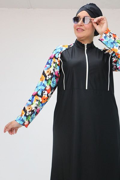 Eslina 1733 Plus Size Zippered Hijab Swimsuit - Mixed Pattern Blue