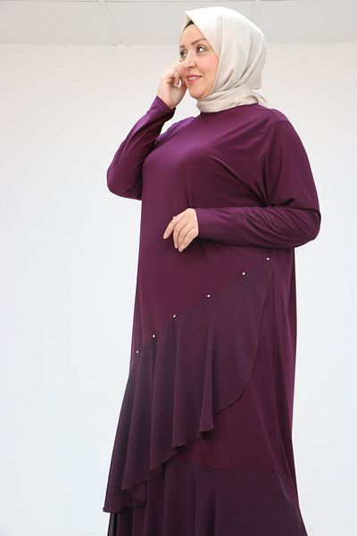 Eslina 52017 Plus Size Chiffon -Sandy Stone Detailed Dress - Plum