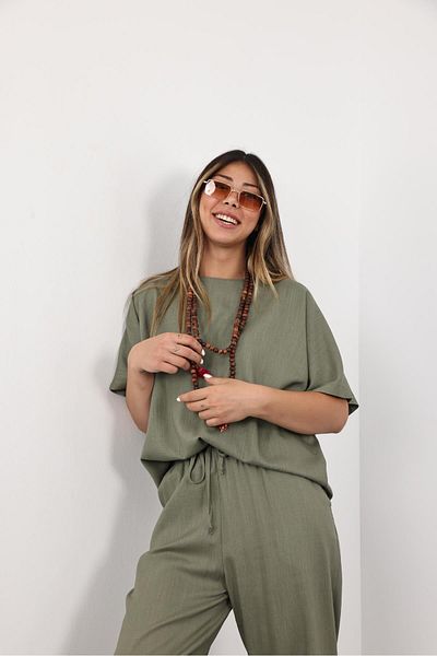 5in1Canpolat Khaki Draped Blouse Carrot Pants Set