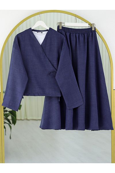 Modamorfo Linen Suit with Side Tie Skirt - Navy