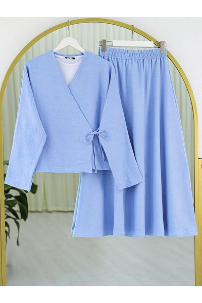 Modamorfo Linen Suit with Side Tie Skirt - Baby Blue