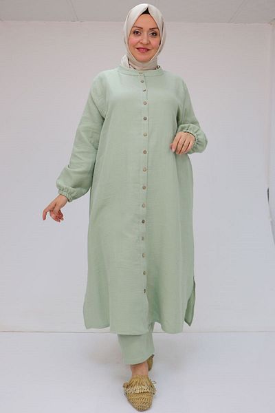 Eslina 57044 Large Size Buttoned Muslin Trousers Suit with Elastic Sleeves - Nefti