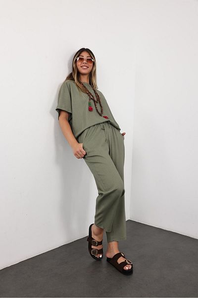 5in1Canpolat Khaki Draped Blouse Carrot Pants Set
