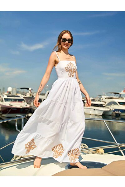 Lefon White Long Summer Dress with Embroidery Detail and Thin Straps 100% Cotton