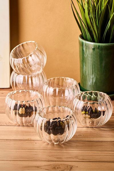 GUNES ZUCCACIYE Bowy Line 6-Piece Double-Walled Glass Sauce Bowl, Jam Bowl, Dragee Bowl, Turkish Delight Bowl, 6.1X3.5 cm