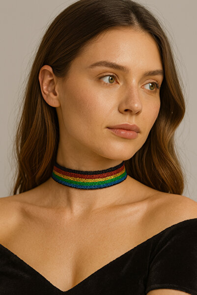 SYAZE Gökkuşağı Renkli Simli Dokuma Geniş Choker Kolye – 3 cm