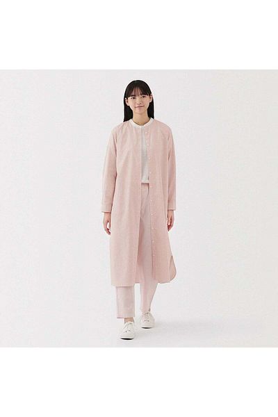 Muji فستان من القماش العريض المغسول بأكمام طويلة وياقة واقفة