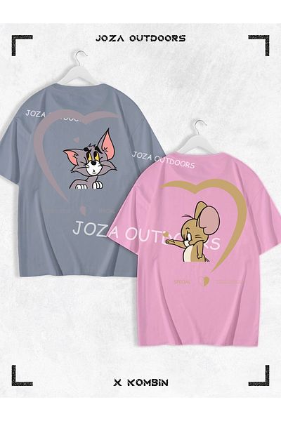 Joza Outdoors Γυναικεία Ανδρική Καρδιά Tom and Jerry BACK Εκτυπωμένη Ζευγάρι Ζευγάρι Συνδυασμός Oversize Πολύχρωμο Μπλουζάκι Σετ 2 τεμαχίων