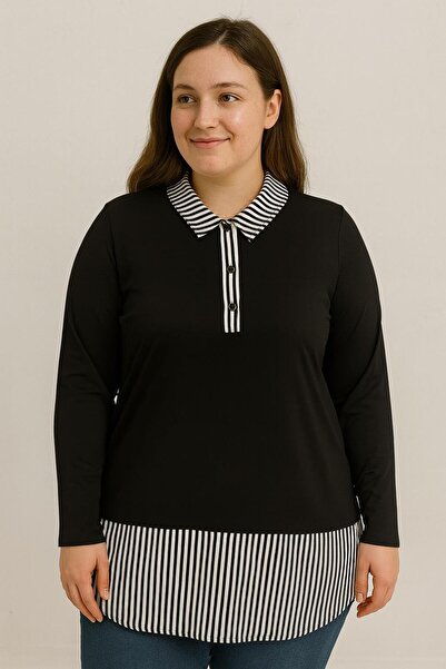 Nüans Siyah Gömlek Yaka Düğmeli Tunik