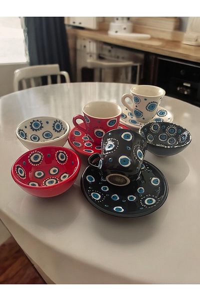 Artistic Quality Decorative 3-Person Stylish Evil Eye Bead Tile Designed Completely Handmade Coffee Cup and 10 cm Sauce Cup
