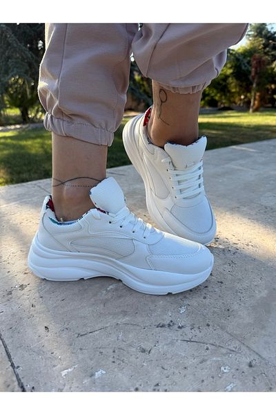 BURCU COLLECTİON Mila Breathable Lace-Up Sneaker White Sports Shoes with Floral Lining Detail