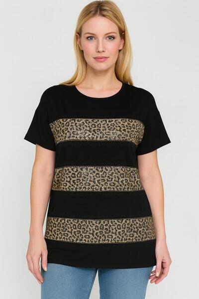 Nüans Siyah Taşlı Leopar Desenli Bisiklet Yaka Kadın Tshirt