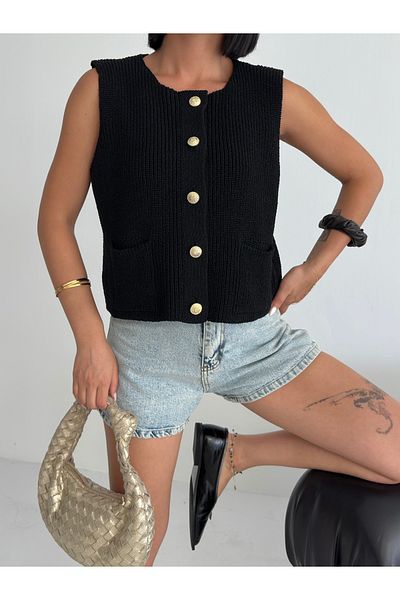 Zenea Black Women's Knitwear Vest with Gold Buttons - 100% Cotton