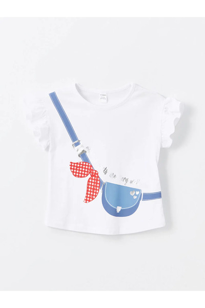 LC Waikiki Lcw Kids Ecru Crew Neck Printed Baby Girl Blouse and Shorts Skirt 2-Piece Set