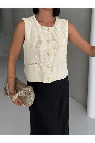 Zenea Ecru Women's Knitwear Vest with Gold Buttons - 100% Cotton