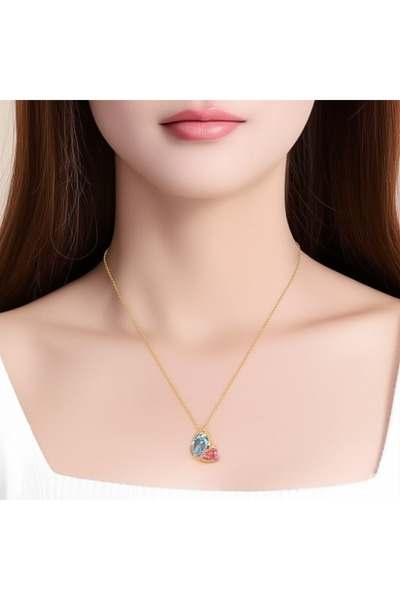 FAMEMUS ACCESSORY Special Collection Heart and Drop Stone Gold Color Steel Ne...
