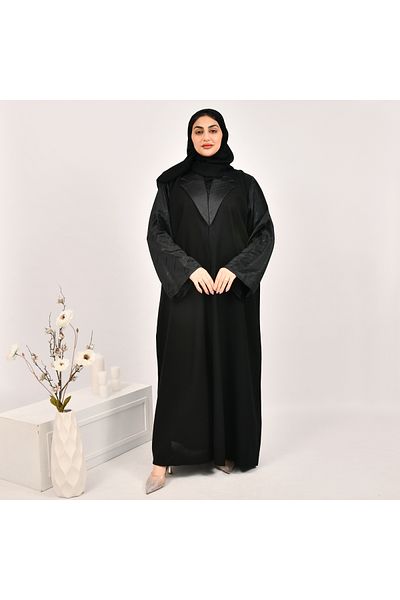 Beyond Closed blazer abaya with snaps and bright jacquard fabric overlay