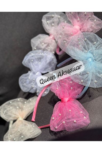 QUEEN AKSESUAR Luxury Design Model Pearl Fancy Cream Beige Satin Princess Crown with Tulle Butterfly Bow Tiara