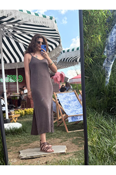 Misun butik KAHVERENGİ İP ASKILI ELBİSE