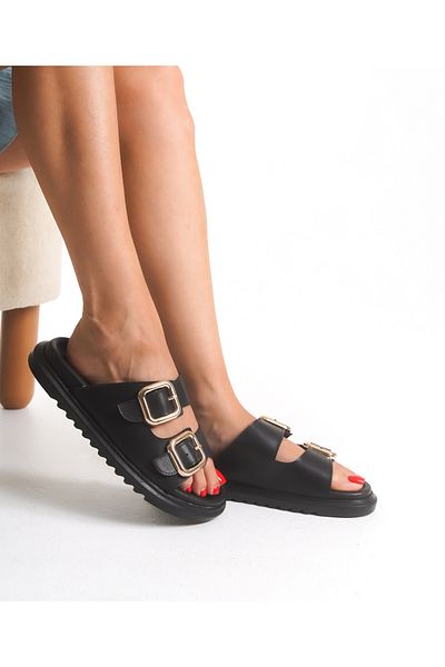 Everest Black Vegan Leather Double Buckle Women's Comfort Slippers