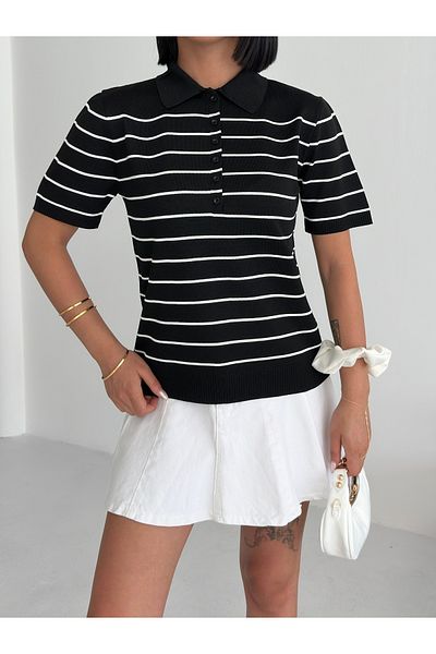 Zenea Tricou cu mânecă scurtă cu dungi cu guler polo pentru femei