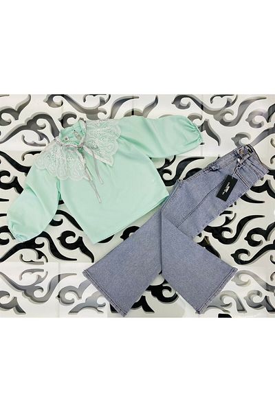 Marka Sensin Kids Girl's Mobile Lace Collar Shirt Jeans Trousers 2-Piece Set