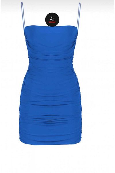 Zagrep Γυναικείο Μίνι Φόρεμα Saks Blue Strap Draped Gathered Lined