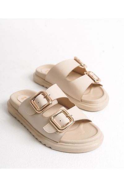 Everest Beige Vegan Leather Double Buckle Women's Comfort Slippers