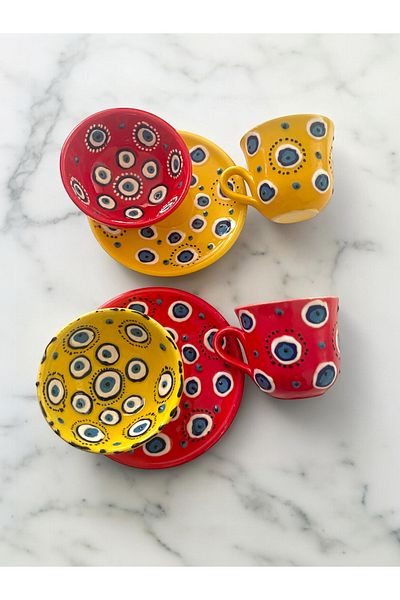 Artistic Quality Decorative 2-Person Stylish Evil Eye Bead Tile Design Fully Handmade Coffee Cup and 10 cm Sauce Bowl