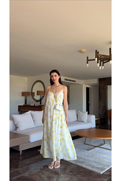 HAZELANNA Askılı Sarı Çiçek Desenli Elbise