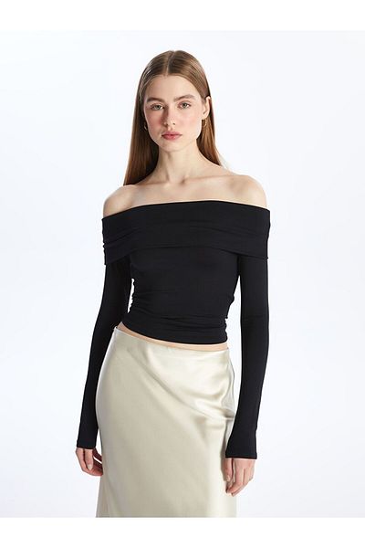 LC Waikiki Black Boat Neck Plain Long Sleeve Women's Bodysuit
