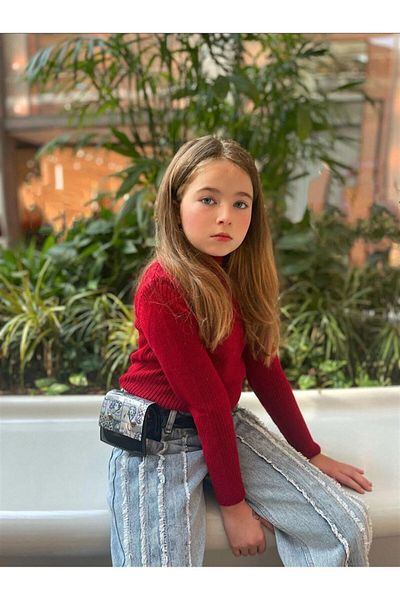 Marka Sensin Kids Girl's Half Turtleneck Knitwear Badi Piece Denim Trousers Waist Bag 3-Piece Set