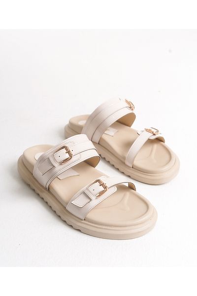 Everest Women's Beige Patent Leather Double Strap Buckle Comfortable Orthopedic Sole Slippers