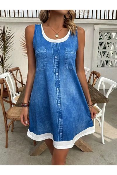 Moda Asmira Women's Strap Round Neck Denim Look Short Single Jersey Dress
