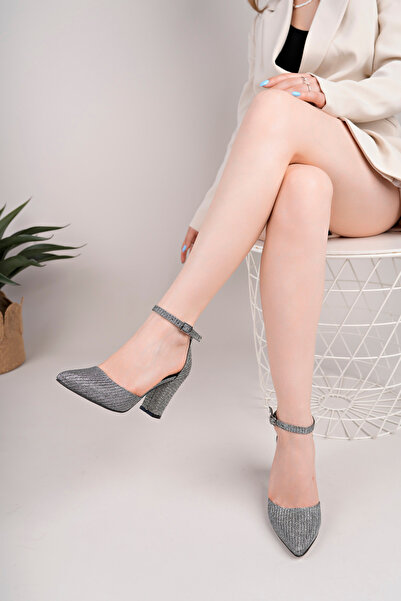 MOD10 Kadın Platin Renk Topuklu Ayakkabı Kadın Klasik Ayakkabı Kadın Simli Abiye Ayakkabı