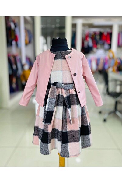 Marka Sensin Kids Girl's Leather Jacket Lumberjack Fabric Dress Set of 2