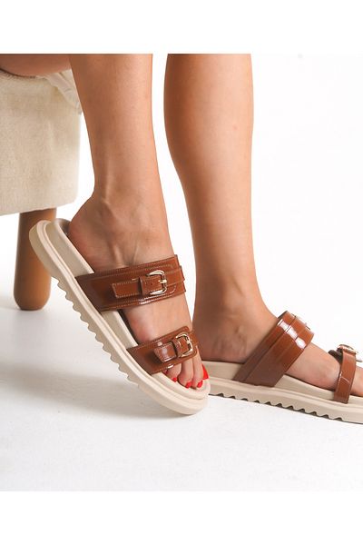 Everest Women's Tan Patent Leather Double Strap Buckle Comfortable Orthopedic Sole Slippers
