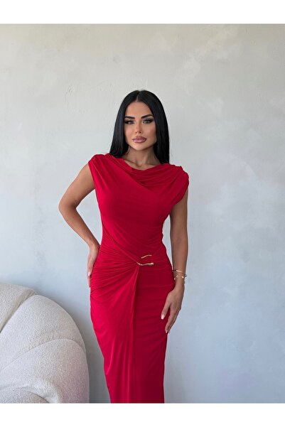 kamacibutik MADONNA YAKA BEL TOKA DETAYLI TASARIM ELBİSE