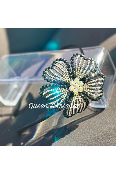 QUEEN AKSESUAR Luxury Design Black Orchid Floral Crystal Stone Shiny Fine Metal Special Occasion Evening Dress Hair Accessory Tiara