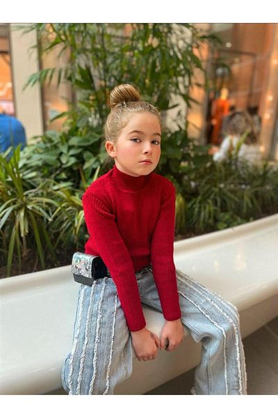 Marka Sensin Kids Girl's Half Turtleneck Knitwear Badi Piece Denim Trousers Waist Bag 3-Piece Set