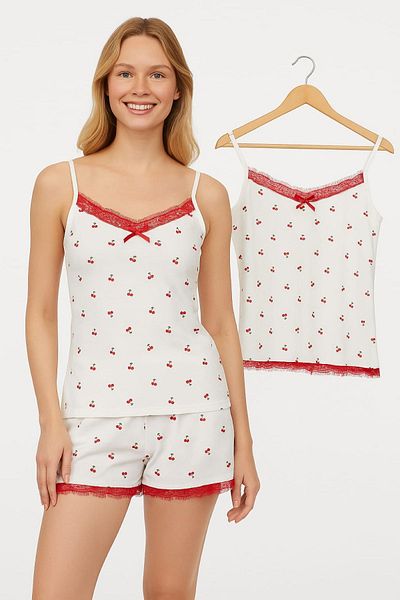 enmodaiçgiyim Set de pijamale pentru femei cu model de cireșe, cu curea albă, cu șnur - țesătură moale Milan, îmbrăcăminte elegantă și confortabilă pentru acasă