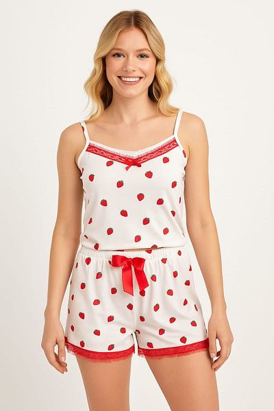 enmodaiçgiyim Set de pijamale pentru femei cu model de căpșuni, cu curea albă, cu șnur - țesătură moale Milan, îmbrăcăminte elegantă și confortabilă pentru acasă