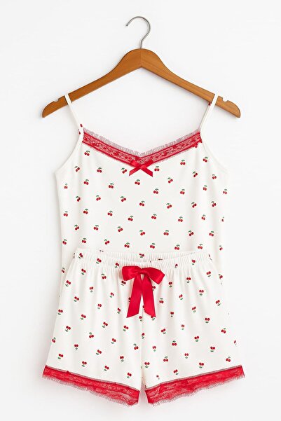 enmodaiçgiyim Σετ πιτζάμες με γυναικείο σορτς με μοτίβο κερασιού με λουράκια από λευκό σχοινί - Μαλακό ύφασμα Milan Κομψό και άνετο σπίτι