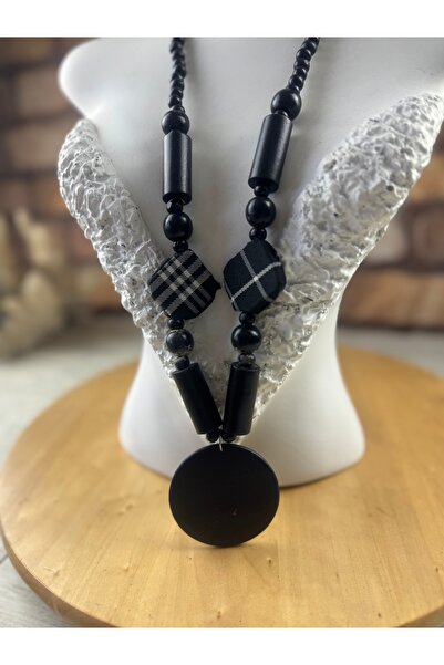 SEDEF TAKI Ekoseli ahşap siyah kolye