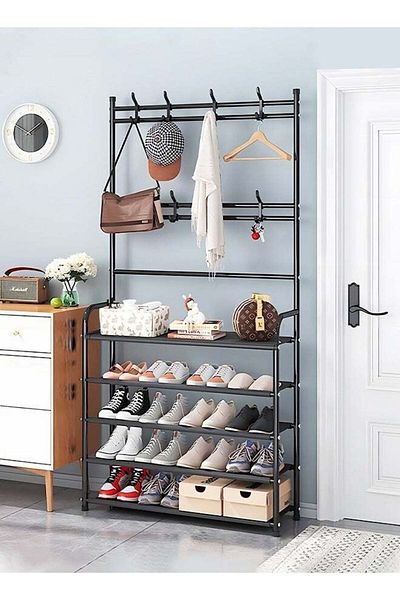 Generic 5-Tier Shoe Rack With Coat Rack, 8 Hooks Hall Tree Lightweight Metal Shoe Rack Organizer