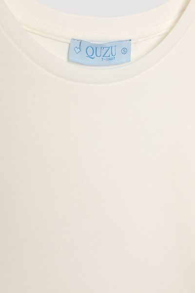 Quzu Crew Neck Basic T-Shirt Ecru
