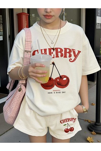 COHERENT Unisex Women/Men Beige Color Cherry Custom Printed Shorts T-Shirt Set