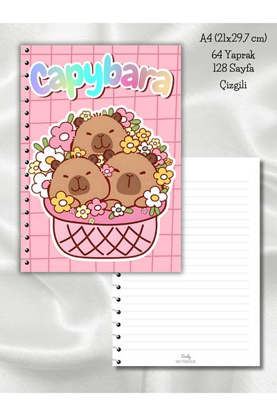 daily notebook Capybara Striped School Notebook, 64 Sheets Spiral A4 Large Size (21X29,7 cm) Size