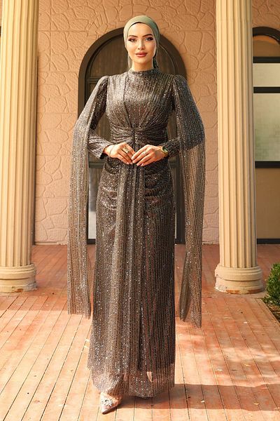 Olcay Front Tie Cape Detail Sequin Sequined Hijab Evening Dress Brown 1027